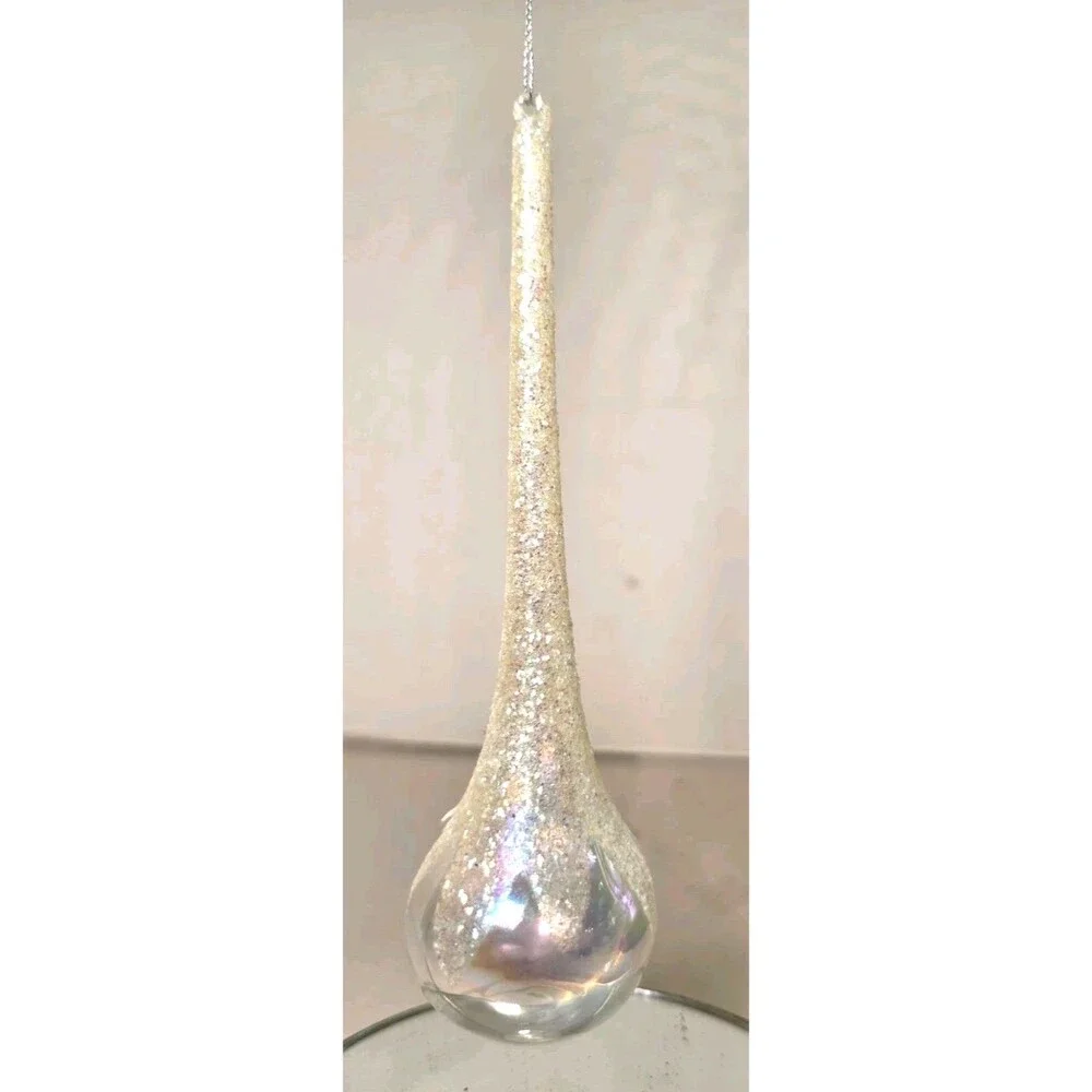 Vintage White Iridescent Glitter Glass Teardrop Icicle Christmas Ornament 7